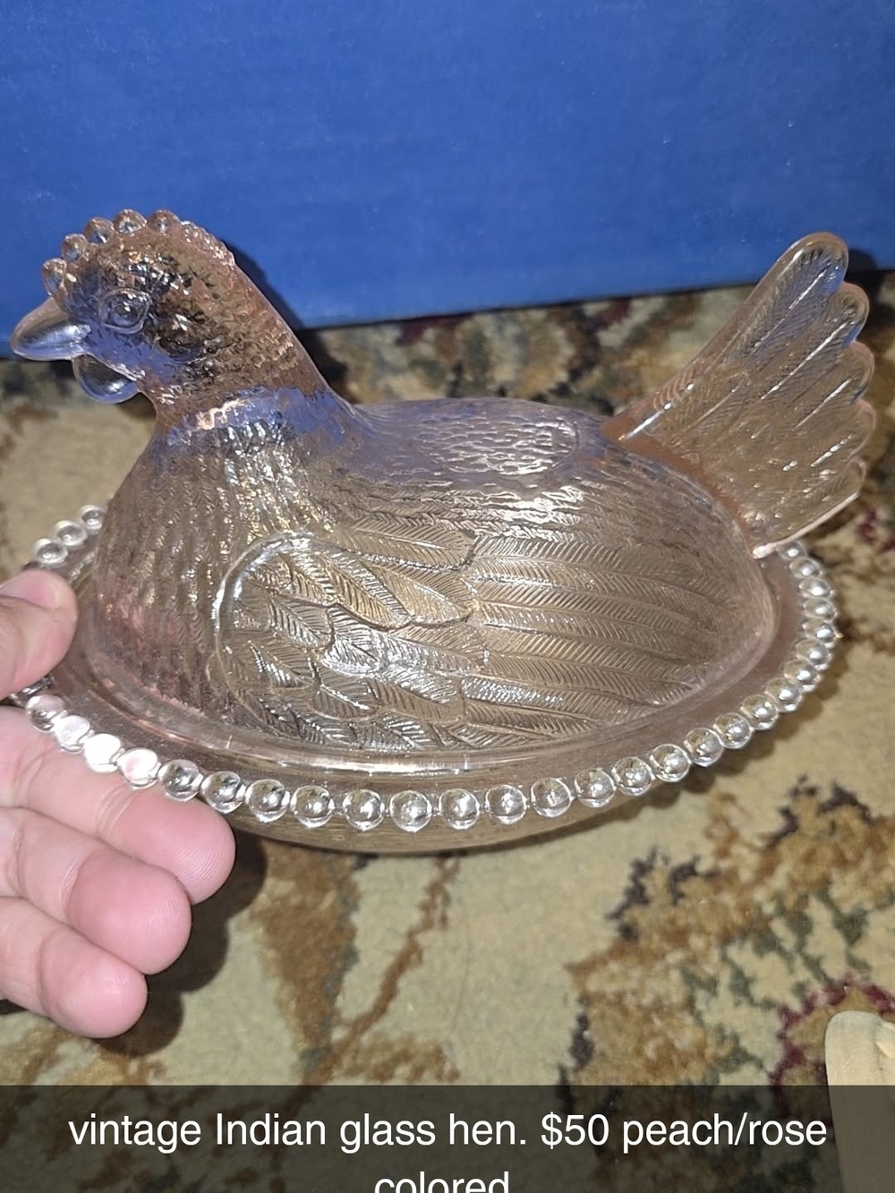Pink Peach Glass Hen Dish Decorative Accent